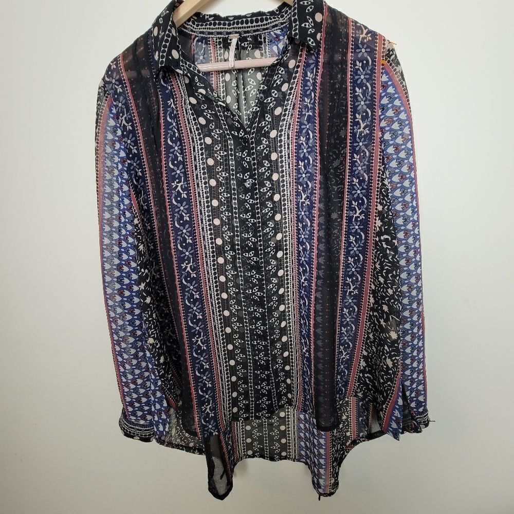 Free People Moonlight Mile Woven Top Blouse in Black Combo Medium